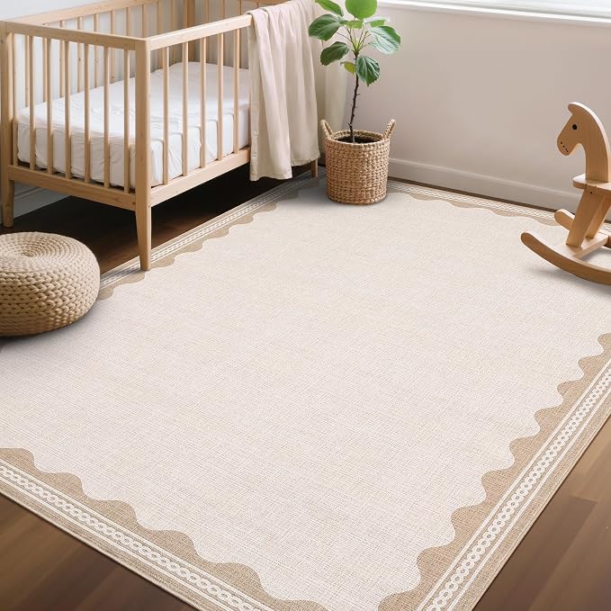 GarveeHome Scalloped Beige Washable Area Rug 6x9 Rugs for Living Room Soft Low-Pile Solid Modern Minimalism Thin Carpet for Bedroom Dining Nursery Non Slip