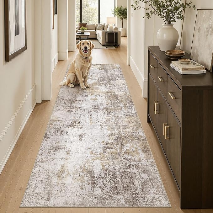 Washable Runner Rug 3x8, Non Slip Neutral Area Rug for Hallway | Modern Abstract Carpet, Stain Resistant and Kid & Pet Friendly, Made for Kitchen, Bedroom, Laundry, Kitchen - Gold Brown