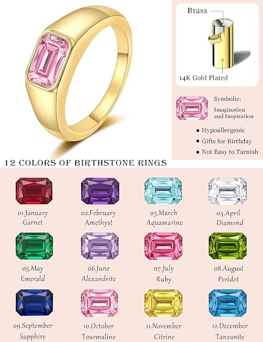 Birthstone Gold Rings for Women Non Tarnish 14K Gold Plated Chunky Emerald Rings Thumb Signet Statement Dainty CZ Band Ring Unique Waterproof Cute Jewelry Gift for Birthday Size 6-10