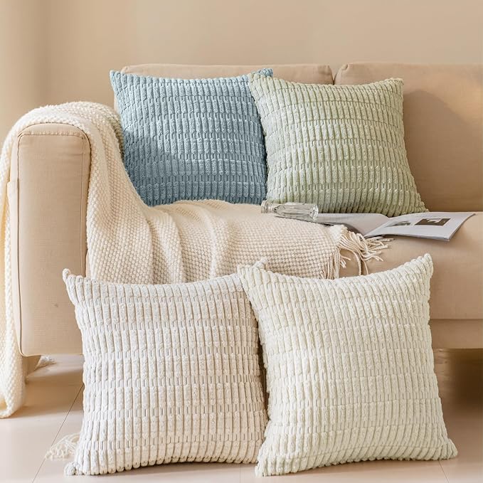 Softalker Throw Pillow Covers 18x18 Inch, Set of 4, Corduroy Soft Striped Farmhouse Boho Pillow Cover, Modern Decorative Cushion Pillow Case for Couch Sofa Bedroom Living Room, Light Blue