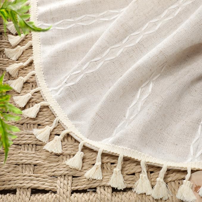 Ivory Boho Blackout Curtains 2 Panels 84 Inch for Living Room Bedroom, Beige Linen Texture Farmhouse Curtains with Tassels and Cotton Embroidery Vintage Rustic Western Rod Pocket
