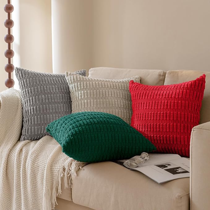 Softalker Corduroy Throw Pillow Covers 18x18 Set of 2, Soft Plush Decorative Square Cushion Cases for Living Room Couch Sofa, Modern Farmhouse Boho Home Decor 45x45cm, Green