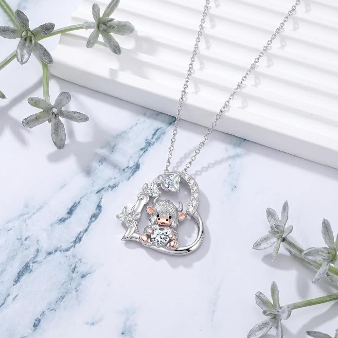 PELOVNY Teddy Bear Necklace for Women 925 Sterling Silver Bear/Highland Cow/Fox/Cat/Axolotl Birthstone Necklace Christmas Birthday Jewelry Gifts for Mom Daughter Wife Sister