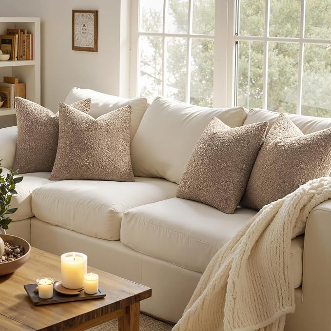 MIULEE Decorative Boucle Throw Pillow Covers 18x18 Inch Camel Set of 4 | Textured Accent Pillow Cases Soft Couch Cushion Covers for Modern Farmhouse Boho Sofa Bed Livingroom Home Decor