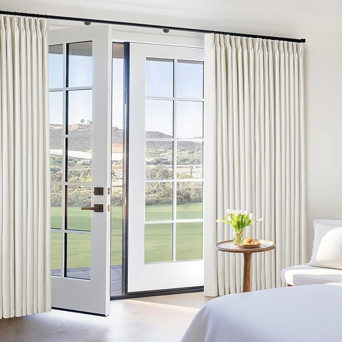 Natural Pinch Pleat 100% Blackout Linen 108 Inch Long Curtains 60 Inch Wide | 2 Layers Design, Thermal Insulated Black Out, Cream Ivory, Extra Wide Curtains for Sliding Door Living Room Bedroom 1 Panel