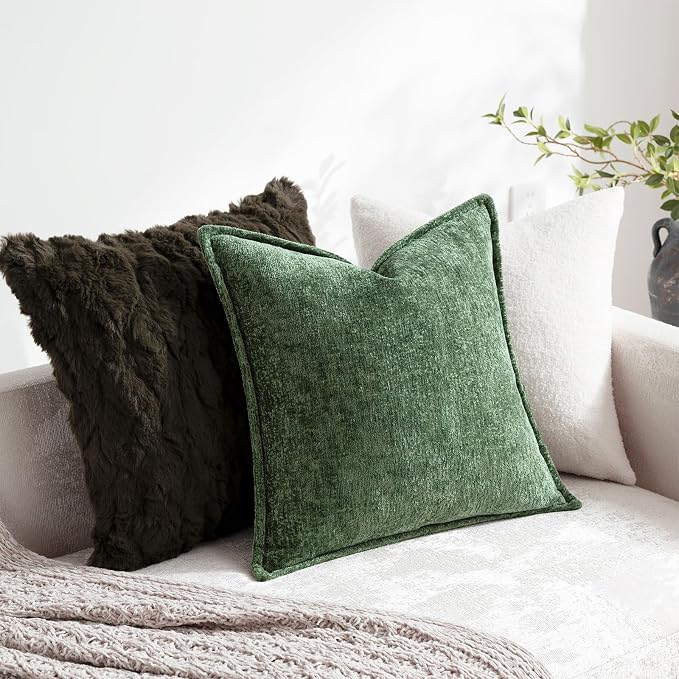 DEZENE Pack of 2 Forest Green Spring Christmas Decorative Throw Pillow Covers 18x18 Cozy Soft Chenille Accent Vintage Square Couch Pillow Covers for Home Decor Bed Sofa Living Room