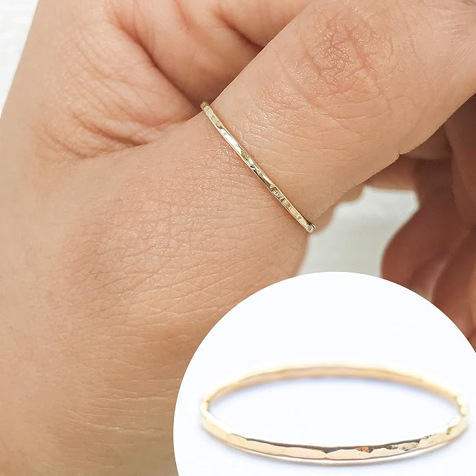Ellie J Maui Hammered Ring, 1mm Thin Stacking Rings, Minimalist Rings for Women, 14K Gold Filled Rings for Teen Girls Midi Knuckle Pinky Finger Jewerly (Size 3-11)