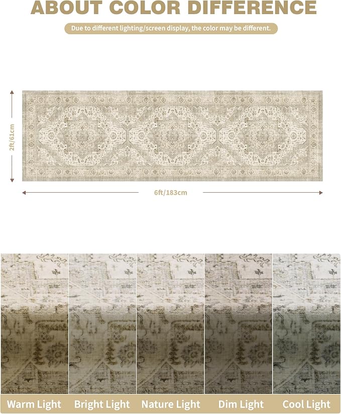 Roxstand Washable 2x6 Hallway Runner Rug, Ivory/Beige | Low-Pile Carpet, Non-slip Backing,6ft Runner, Stain Resistant, Runner for Kitchen, Laundry Room, Entryway, Vintage Design