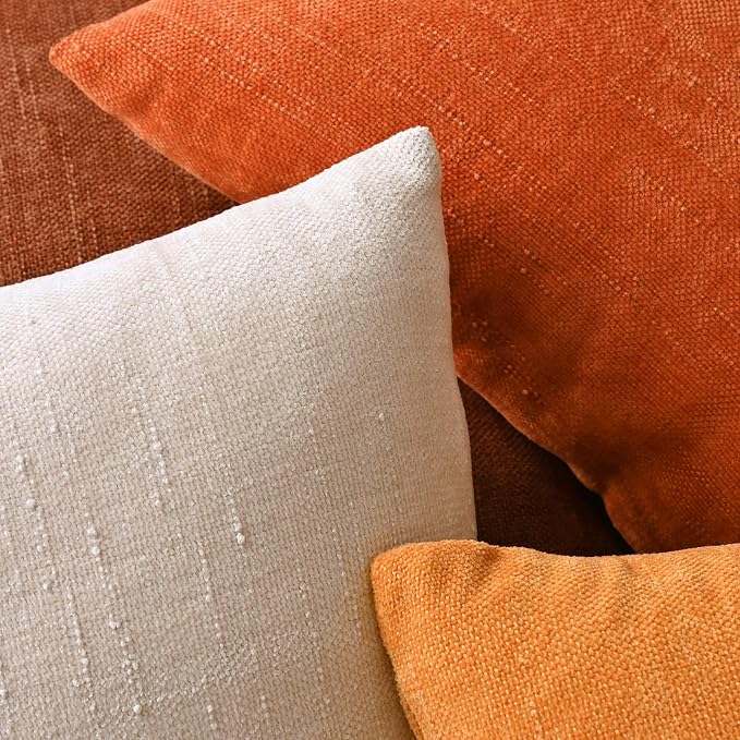 Set of 4 Soft Textured Decorative Throw Pillow Covers 24x24 Inch Cozy Farmhouse Cushion Cover Square Accent Pillow Cases for Bed Couch Sofa Living Room, Beige Rust Orange