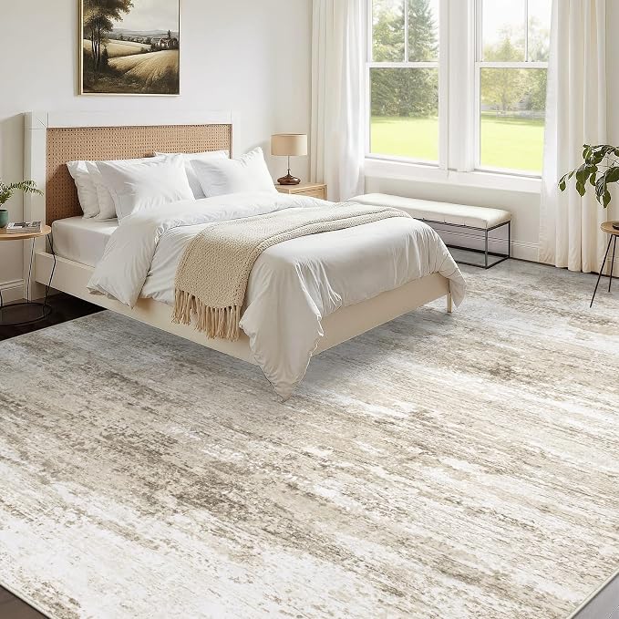 Washable Rug 10x14 Area Rugs for Living Room: Large Neutral Soft Rug Abstract Non Slip Low Pile Modern Carpet for Bedroom Kitchen Nursery Office Dining Room Indoor (Beige, 10'x14')
