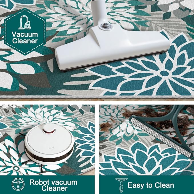 Colorful 2x6 Washable Runner Rug for Hallway Tropical Botanical Modern Floral Chenille Kitchen Rugs Low Pile Non Slip Carpet for Patio, Bedroom, Laundry, Teal
