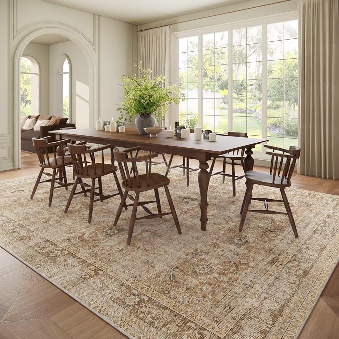 Boho Washable 10x14 Area Rugs for Living Room, Cushioned, Brown | Vintage Non-slip Neutral Oriental Rugs for Bedroom Dining Room Nursery Office High Traffic Area
