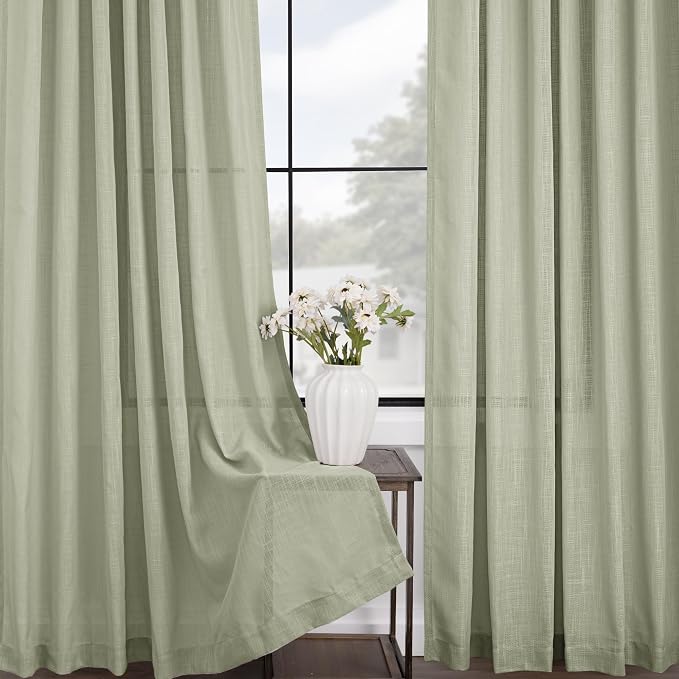 Linen Blend Sage Green Curtains 45 inch Length 2 Panels for Bedroom Back Tab Light Filtering Semi Sheer Drapes Linen Cotton Textured Light Green Airy Modern Farmhouse Living Room Sage Aesthetic Decor