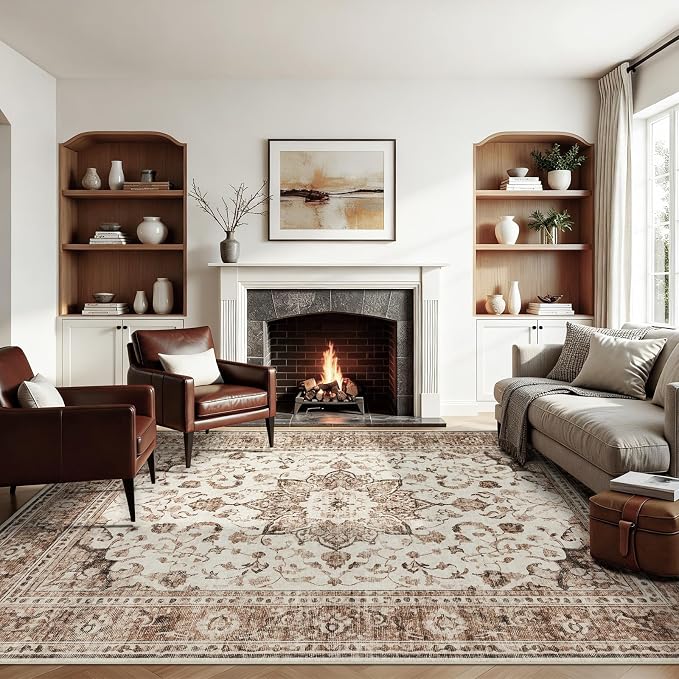 Joydeco 8x10 Area Rugs for Living Room, Non Slip Machine Washable Vintage Rug, Low Pile Chenille Print Rugs for Bedroom, Dining Room, Home Office, Pet & Child Friendly, Beige & Blue & Reddish-Brown