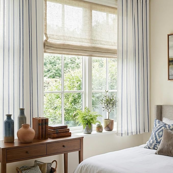 Vangao Striped Curtains Blue on White Semi Sheer Curtains 63 Inches Long for Bedroom Living Room Modern Farmhouse Linen Textured Light Filtering Drapes 2 Panels Blue W50 x L63 Inch