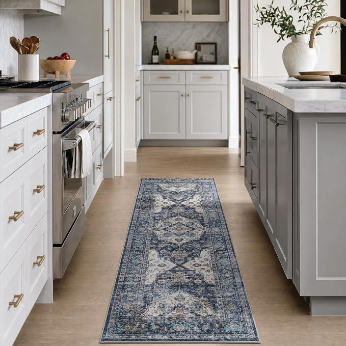 AMOAMI-2X6 Runner Rug-Washable Runners for Hallways-Soft Non Slip Bedside Rugs for Bedroom-Vintage Long Rug for Hallways Entryway Laundry Room Stair Kitchen Bathroom Blue