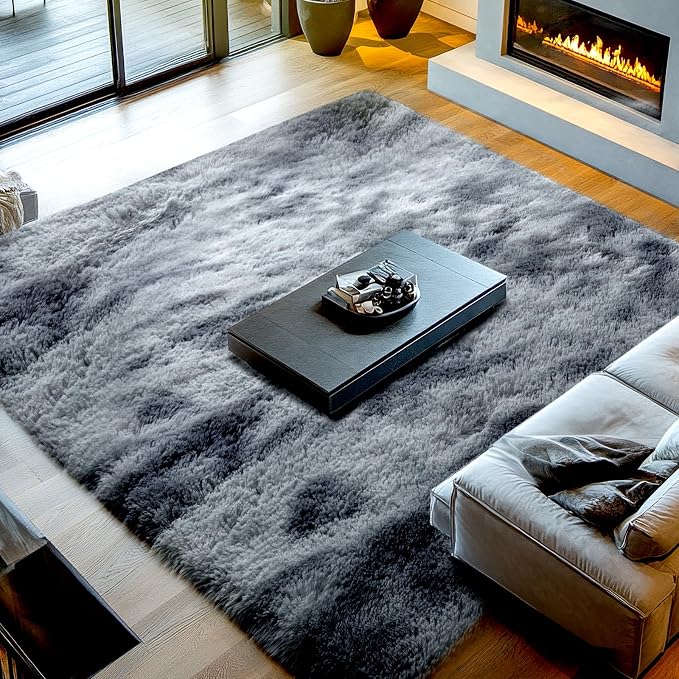 Fluffy 8x10 Area Rug Living Room: Shag Grey Area Rugs for Bedroom- Large Plush Soft Dark Gray Rugs for Living Room- Fuzzy Modern Carpets for Bedroom, Kids Room Decor (Tie-Dyed Dark Grey, 8x10Feet)