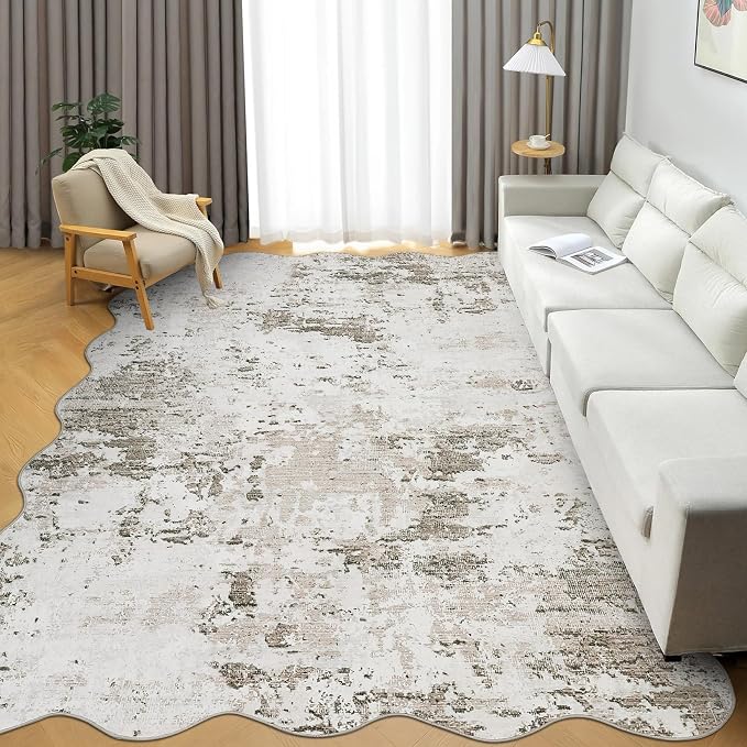 ROYHOME Living Room 8x10 Washable Modern Scalloped Abstract Rug Faux Wool Accent Ultra Soft Non Slip Non Shedding Accent Rug for Bedroom Dining Room Office Home, Taupe
