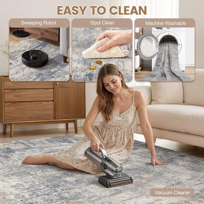 cotiled 5x7 Area Rugs Abstract Soft Non Slip Washable Living Room Rug | Stain Resistant, Robot Vacuum & Pet Friendly, Low-pile, For Living Room, Bedroom, Dining Table, Nursery Blue/Brown