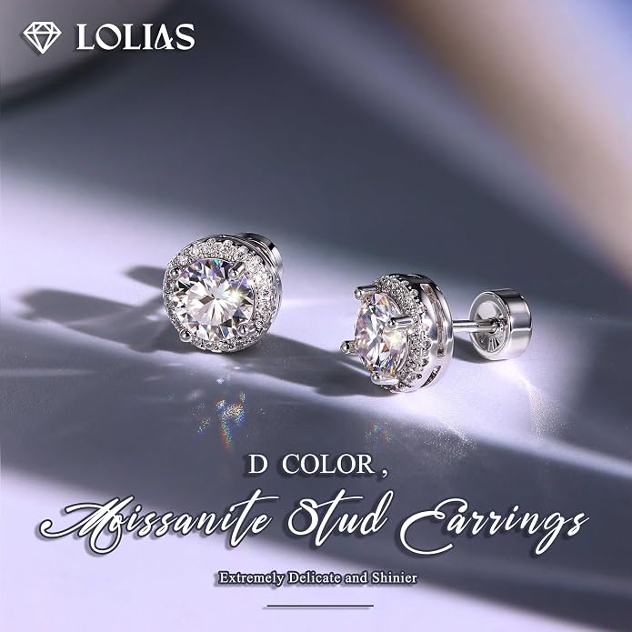 Moissanite Stud Earrings with Flat Back - 925 Sterling Silver D Color VVS1 Moissanite Earring for Women Men,14K White Gold Plated Brilliant Halo Stud Earrings Hypoallergenic Jewelry for Sensitive Ear