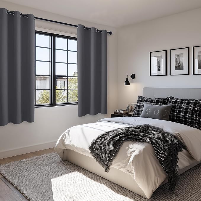 Hiasan Grommet Blackout Curtains for Bedroom, 38 x 63 Inches Length - Thermal Insulated & Light Blocking Window Curtains for Living Room, 2 Drape Panels Sewn with Tiebacks, Dark Grey