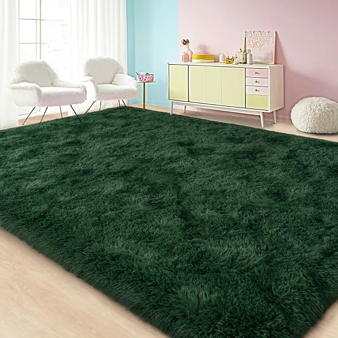 Large Area Rugs for Living Room Bedroom 4x6 Dark Green Shag Rugs | Ultra Soft Fluffy Shaggy Plush Fuzzy Modern Indoor Throw Floor Carpet for Kids Girls Boys Dorm Nursery Home Decor Aesthetic