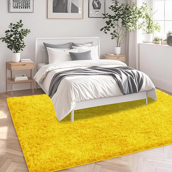 8x10 Yellow Fluffy Shag Area Rugs for Living Room Bedroom Nursery | Ultra Soft Comfy, Large Fuzzy Shaggy Plush Carpet for Nursery Girls Teen Dorm, Modern Indoor Home Decor, Upgrade Non-Slip