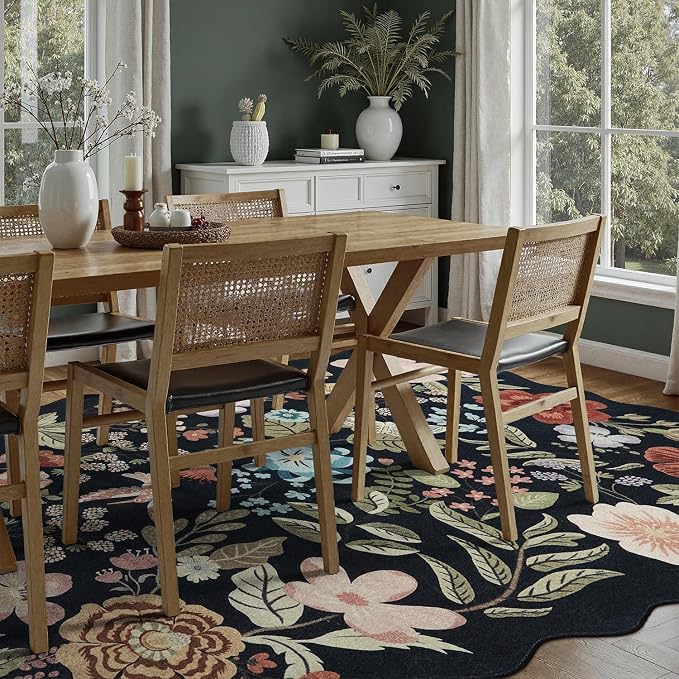 DCX Black Floral Rug 8x10, Washable Black Rug for Living Room, Kid & Pet Friendly with Rubber Back Non Slip, Soft Low Pile Carpet, Stain Resistant Rug for Bedroom, Nursery, Dining Room
