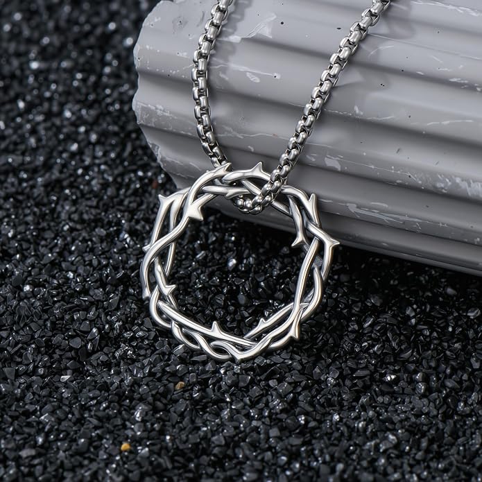 Crown of Thorns Necklace for Men 925 Sterling Silver Nail Cross Necklace Pendant Religious Christian Jewelry Valentines Day Gifts for Men
