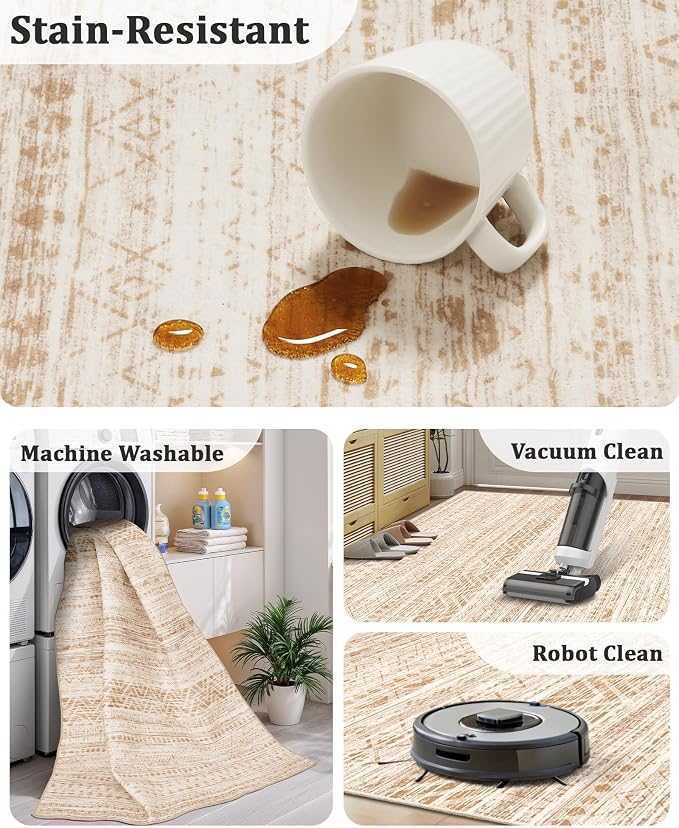 Miukiki 10x14 Area Rugs for Living Room Moroccan Washable Rugs Non Slip Indoor Floor Carpet Foldable Large Soft Area Rug with Low Pile for Dining Room Bedroom Office(Beige,10'x14')