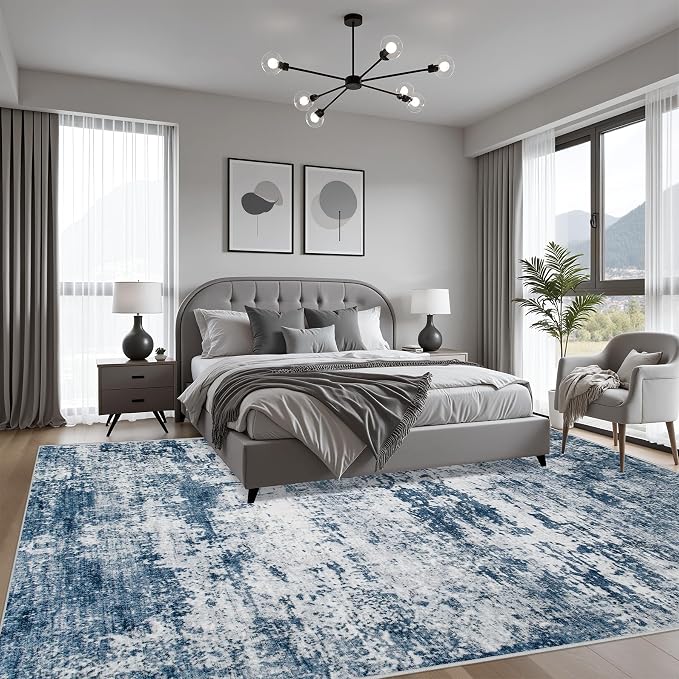 8x8 Area Rug Living Room Rug: Washable Modern Abstract Soft Thin Rug Indoor Floor No Slip Stain Resistant Carpet for Bedroom Dining Room Farmhouse Nursery Home Office - Blue