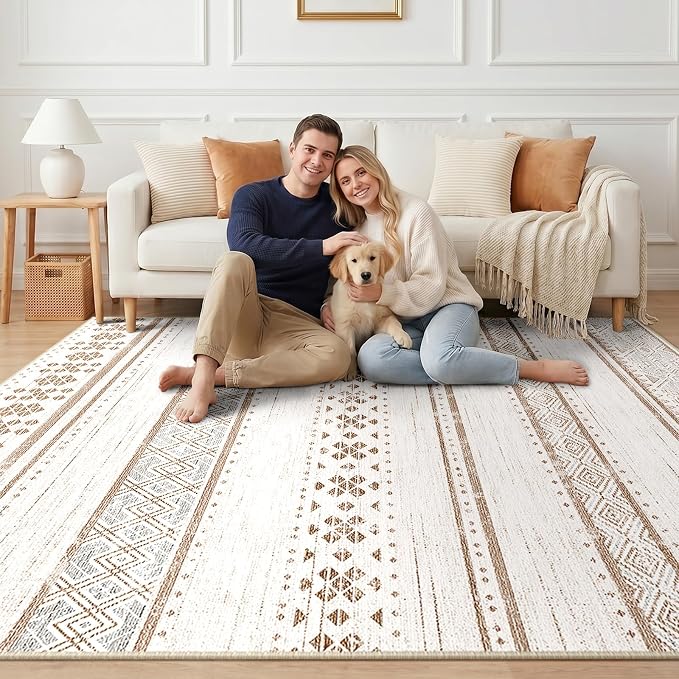BESTSWEETIE 6x9 Area Rugs for Living Room Washable Moroccan Farmhouse Neutral Geometric Low Pile Non-Slip Soft Print Pattern Rug for Bedroom Kitchen Dining Room Entryway Cream/Brown/Pink