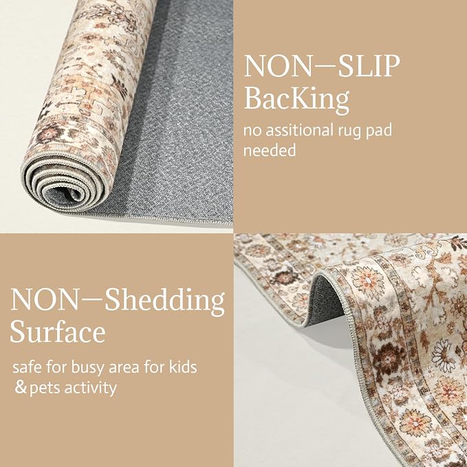 Washable Rugs for Living Room: 5x7 Area Rugs for Bedroom Ultra Soft Non-Slip Stain Resistant Vintage Boho Large Carpet for High-Traffic Dining Room - Farmhouse Decor