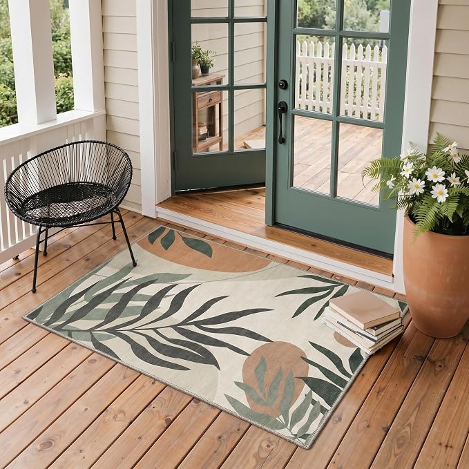GENIMO 3x5 Outdoor Rug, Washable for Porch and Balcony, Beige Olive | Botanical leaf design for entryway; fade resistant chenille with quick-dry non-slip backing for indoor mudroom.