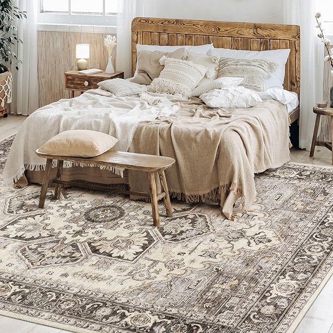 Area Rug for Living Room - 10x14 Soft Machine Washable Oriental Vintage Floral Distressed Large Indoor Floor Carpet for Bedroom Under Dining Table Home Office Decor - Grey Brown