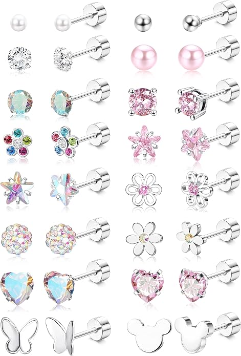 CASSIECA 16 Pairs Hypoallergenic Screw Back Earrings for Women Girls 316L Stainless Steel CZ Ball Heart Flower Screwback Flat Back Stud Earrings Jewelry Gift Women Multicolored Pink