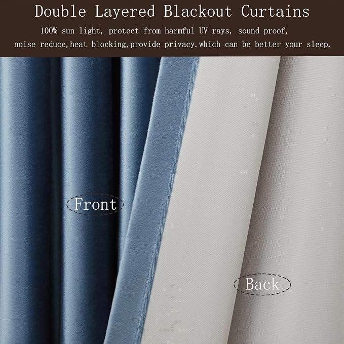 PRIMROSE 100% Full Blackout Velvet Curtains 84 inch Long for Living Room,Set of 2 Stone Grayish Blue Liner Rod Pocket Back Tab Thermal Window Curtains Room Darkening Curtains Drapes for Bedroom