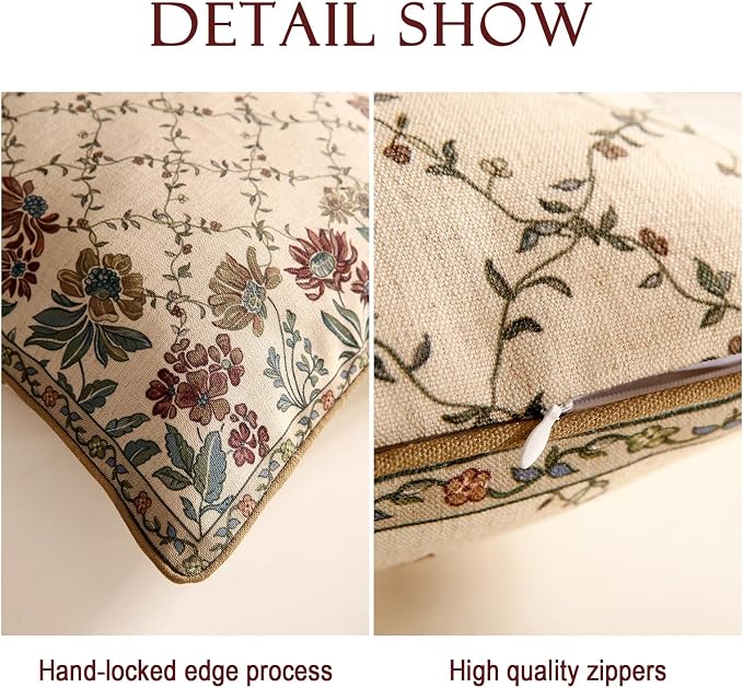 patdrea French Vintage Linen Throw Pillow Cover,Set of 4-Audrey | Decorative Pillow Case with Zipper,Brown Floral Pattern,Pillow Cover for Couch Living Room Bedroom Sofa