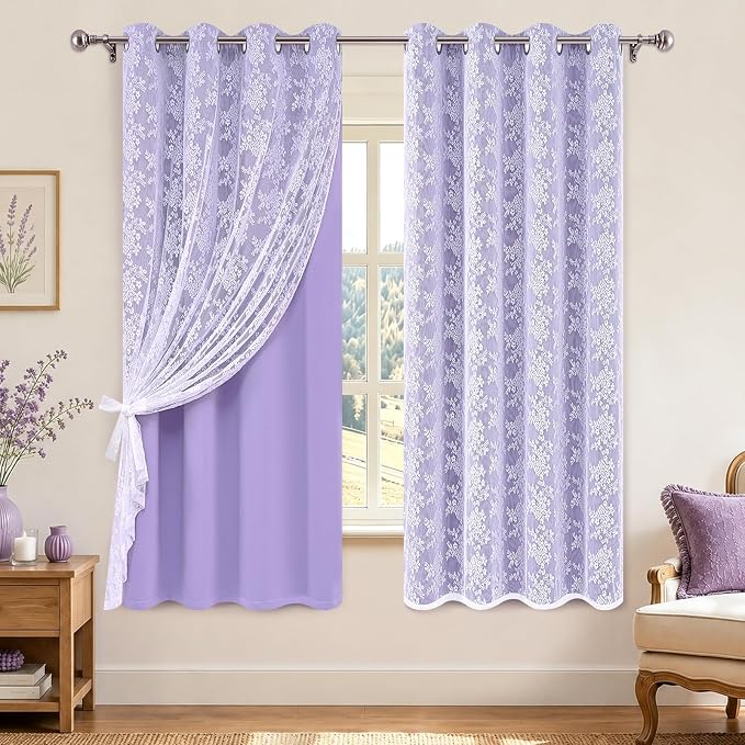 Yinhua Purple Blackout Curtains for Bedroom Double Layer Nursery Curtains for Living Room 63 Inch Length 2 Panels Set Kid Curtain with Floral Sheer Overlay, Grommet Drapes with Tiebacks, 52" W x 63" L