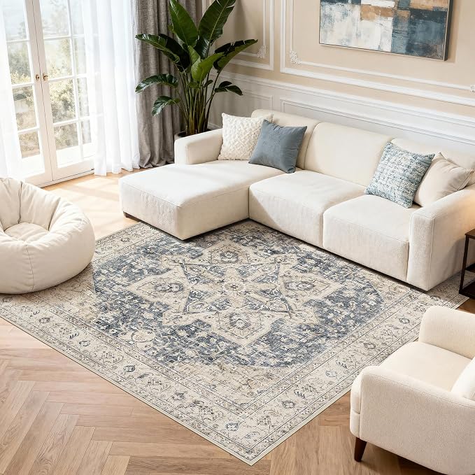 Tortania 8' Square Area Rug Living Room Rugs - Washable Boho Rug Vintage Oriental Distressed Farmhouse Large Thin Indoor Carpet for Bedroom Under Dining Table Home Office - Cream/Blue