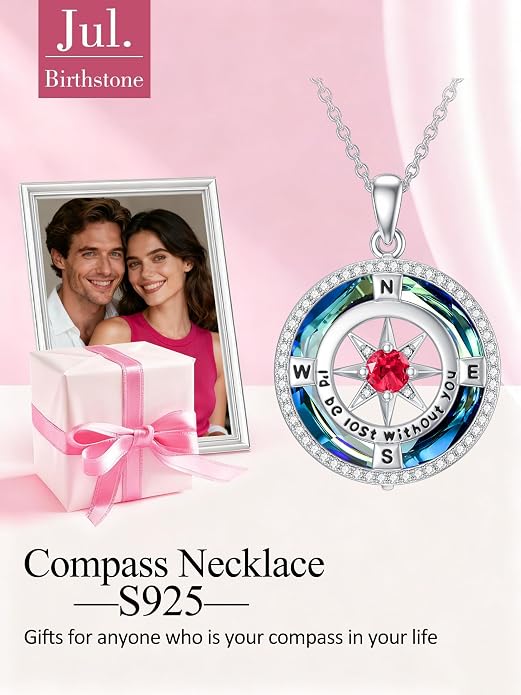 TOUPOP Necklace Gifts for Wife Compass Jewelry Women Anniversary Girlfriend Birthday Gift for Her Valentines I'd be Lost without You Sterling Silver Birthstone Necklaces