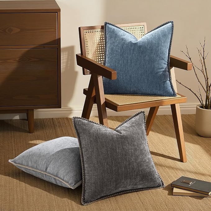 decorUhome Soft Chenille Throw Pillow Covers 26x26 Set of 2 Haze Blue | Fall Textured Decorative Throw Pillow Cases Stitched Edge Modern Farmhouse Luxury Boho Velvet for Couch Sofa Bed Home Decor