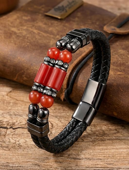 Mens Leather Turquoise/Tiger Eye/Obsidian/Lava Stone Bracelet–Braided Multi‑Layer Wristband Cuff Bangle Barcelet–Jewelry Box and Pouch Packing