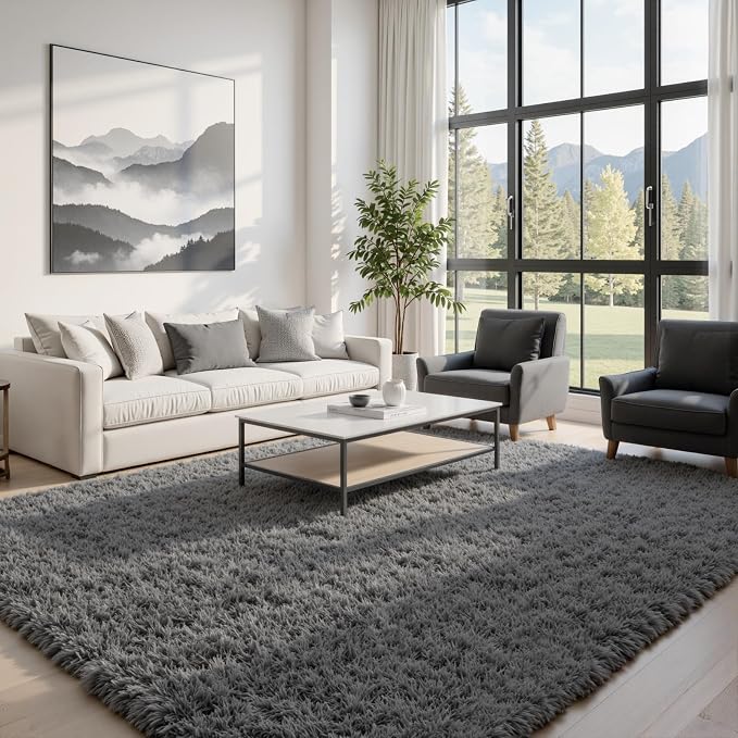 9x12 Area Rugs for Living Room: Ultra Soft Fluffy Shag Grey Rugs for Bedroom, Non-Slip Large Fuzzy Plush Rug Indoor Floor Carpet for Nursery Kids Boys Girls Room, Dorms, Playroom, Modern Home Decor