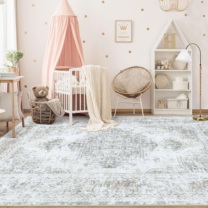 XLUEZ Area Rug 5x7 Living Room Rug, Machine Washable Vintage Distressed Medallion Rug Non-Slip Soft Low Pile Large Indoor Rugs for Bedroom Kitchen Dining Room Office(Taupe,5'x7')