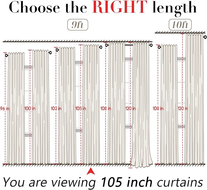 XTMYI 105 Inch White Cotton Linen Curtains 2 Panels Set Custom Length Back Tab Window Sheer Curtain Drapes for Living Room Bedroom,50x105 in Long