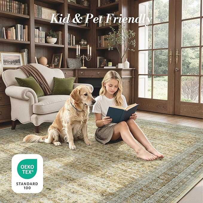 6x9 Area Rugs for Living Room Bedroom, Washable Large Rugs Non-Slip | Vintage Distressed Retro; Low Pile; Stain Resistant; Neutral Boho Carpet for Dining Room, Nursery, Home Office; Oatmeal Beige