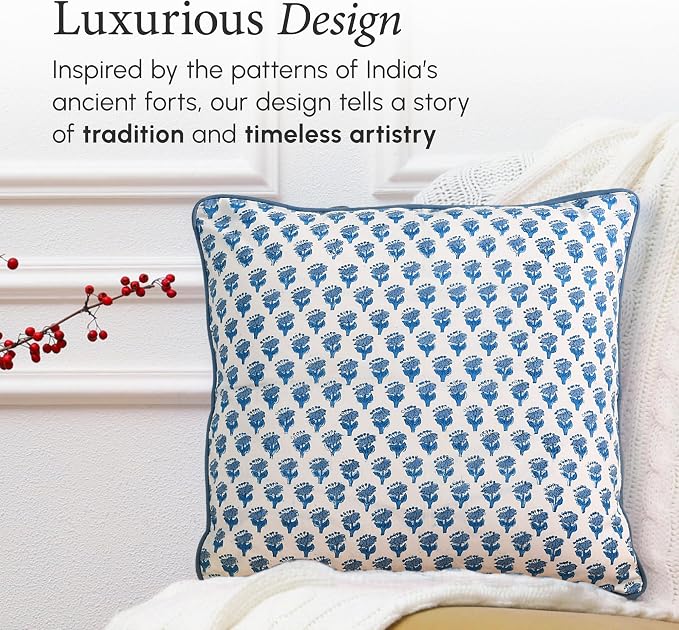 CPC 100% Cotton Throw Pillow Covers 24x24 Inch, Set of 2 Blue Block Print Pattern Couch Pillow, Cute Boho Decorative Pillows for Living Room, Bedroom with Hidden Zipper- Apatite Blue