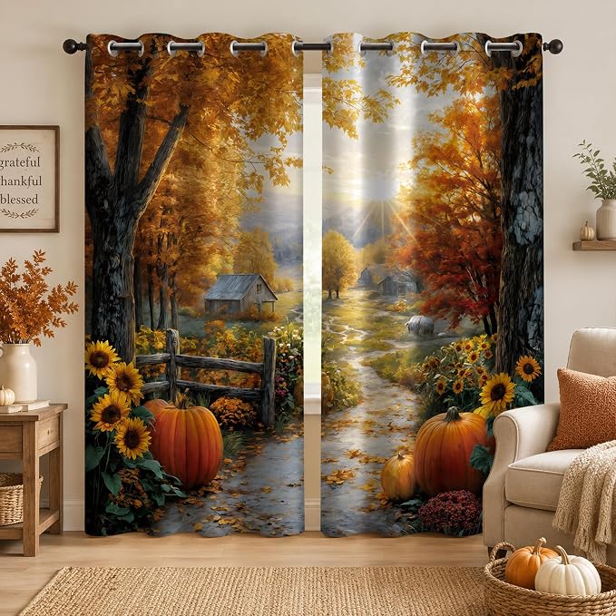 Autumn Country Road Window Curtains 52 x 63 in, Fall Landscape Drapes with Pumpkins, Sunflowers, Trees and Farmhouse Path for Bedroom Living Room