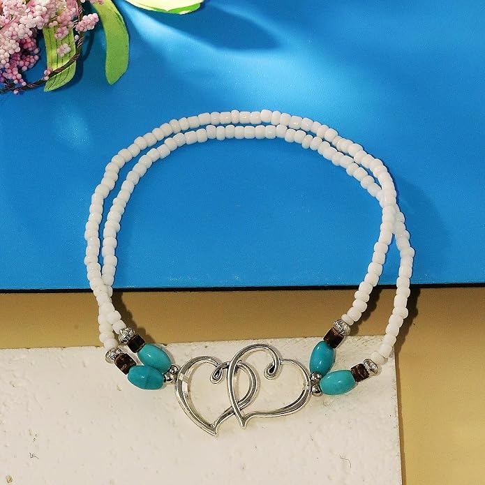 Elastic Beaded Ankle Bracelets for Women Double Heart Layered Stretch Ankle Bracelets Waterproof Dainty Boho Beaded Anklets for Summer Beach Foot Jewelry